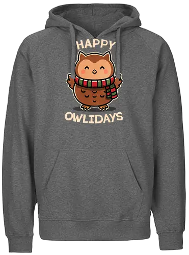 Happy Owlidays - owl, pun, holiday, xmas, christmas gifts, festive, winter, christmas decorations, holiday spirit, seasonal, joy, noel - Fairtrade Hoodie