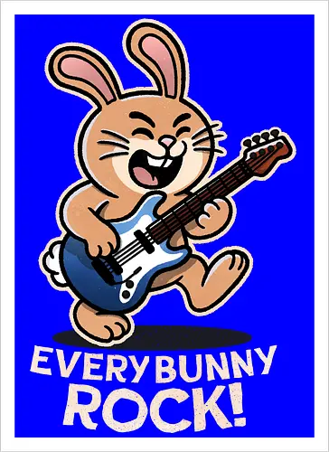 Everybody Rock Bunny - pun, funny, bunny, rabbits, bunnys, rock and roll, music art, vintage rock, guitar design, band merchandise, music lovers, retro vibes, rock concert, punk rock, classic rock - Kunstdruck