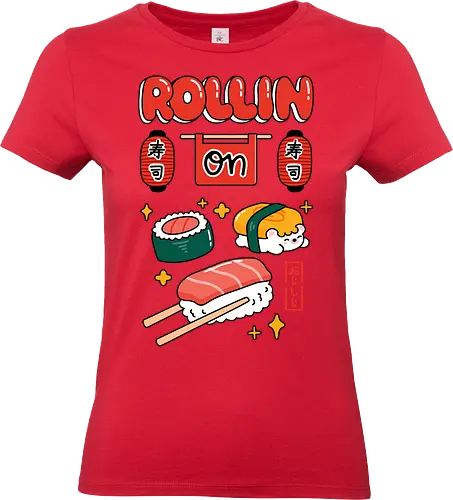 Rollin On: Cute Sushi Squad - rollin on, sushi, sushi lover, Japanese food, kawaii sushi, nigiri, maki roll, tamago, cute character, hedgehog sushi, food pun, foodie, kawaii, pastel, Japanese lanterns, izakaya vibe, cute illustration, cartoon style, aesthetic, tasty, yummy, ramen shop style, sushi shop sign, kawaii art, otaku, Japan lover, bento, snack time, cute merch, indie artist, foodie gift, kawaii fashion, sushi t shirt idea, sushi phone case, colorful design, playful, fun, happy, cute graphic, character design, roll with it, positive vibes, restaurant art, Japanese typography, sushi bar, kawaii culture, chibi, adorable, unique design, illustration tee - Standard T-Shirt (Frauen)