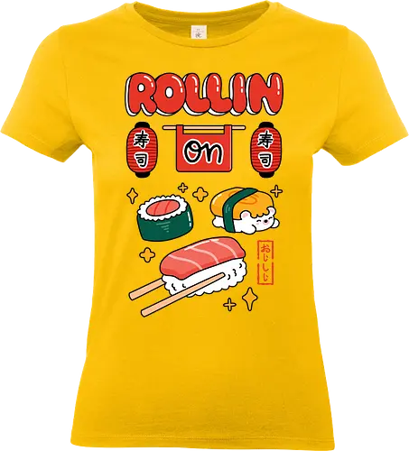 Rollin On: Cute Sushi Squad - rollin on, sushi, sushi lover, Japanese food, kawaii sushi, nigiri, maki roll, tamago, cute character, hedgehog sushi, food pun, foodie, kawaii, pastel, Japanese lanterns, izakaya vibe, cute illustration, cartoon style, aesthetic, tasty, yummy, ramen shop style, sushi shop sign, kawaii art, otaku, Japan lover, bento, snack time, cute merch, indie artist, foodie gift, kawaii fashion, sushi t shirt idea, sushi phone case, colorful design, playful, fun, happy, cute graphic, character design, roll with it, positive vibes, restaurant art, Japanese typography, sushi bar, kawaii culture, chibi, adorable, unique design, illustration tee - Standard T-Shirt (Frauen)