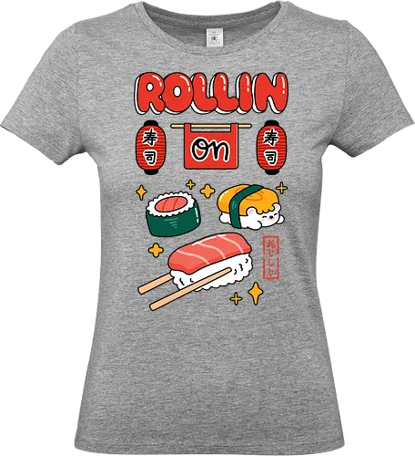 Rollin On: Cute Sushi Squad - rollin on, sushi, sushi lover, Japanese food, kawaii sushi, nigiri, maki roll, tamago, cute character, hedgehog sushi, food pun, foodie, kawaii, pastel, Japanese lanterns, izakaya vibe, cute illustration, cartoon style, aesthetic, tasty, yummy, ramen shop style, sushi shop sign, kawaii art, otaku, Japan lover, bento, snack time, cute merch, indie artist, foodie gift, kawaii fashion, sushi t shirt idea, sushi phone case, colorful design, playful, fun, happy, cute graphic, character design, roll with it, positive vibes, restaurant art, Japanese typography, sushi bar, kawaii culture, chibi, adorable, unique design, illustration tee - Standard T-Shirt (Frauen)