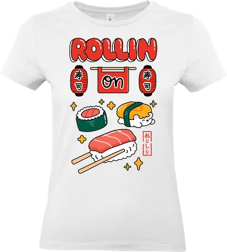 Rollin On: Cute Sushi Squad - rollin on, sushi, sushi lover, Japanese food, kawaii sushi, nigiri, maki roll, tamago, cute character, hedgehog sushi, food pun, foodie, kawaii, pastel, Japanese lanterns, izakaya vibe, cute illustration, cartoon style, aesthetic, tasty, yummy, ramen shop style, sushi shop sign, kawaii art, otaku, Japan lover, bento, snack time, cute merch, indie artist, foodie gift, kawaii fashion, sushi t shirt idea, sushi phone case, colorful design, playful, fun, happy, cute graphic, character design, roll with it, positive vibes, restaurant art, Japanese typography, sushi bar, kawaii culture, chibi, adorable, unique design, illustration tee - Standard T-Shirt (Frauen)