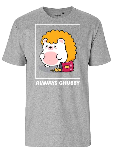 Always Chubby - always chubby, chubby hedgehog, body positive, body positivity, cute chubby, snack lover, chips, potato chips, cute hedgehog, kawaii, self love, soft belly, body acceptance, funny quote, relatable, comfort food, foodie, cute animal, cartoon hedgehog, woodland animal, cute illustration, character art, adorable, plus size love, anti diet culture, self care, cozy, cute merch, aesthetic, indie artist, cute t shirt idea, wholesome, feel good, cute critter, sillyfrenz, heho, snack attack, junk food, guilty pleasure, happy chubby, chonky, round animal, squishy, cute graphic, pastel, everyday wear, casual, playful design, positive message - Fairtrade T-Shirt