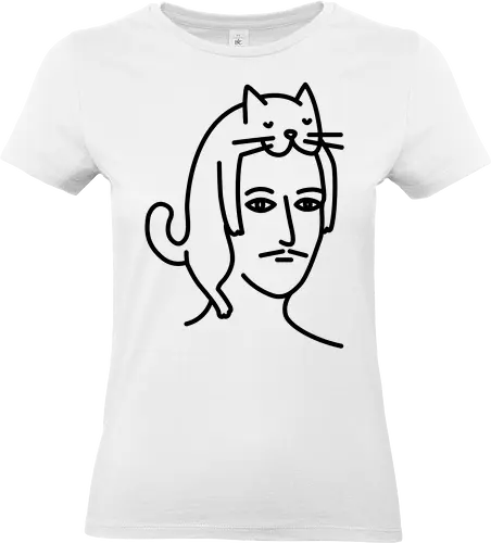  Man in Cat Hat  - Cat, White, Hat, portrait, line art, minimalist, whimsical, doodle, monochrome, cute, quirky, gift, tshirt, hoodie, fashion, poster, unisex, home decor, cathay - Standard T-Shirt (Frauen)