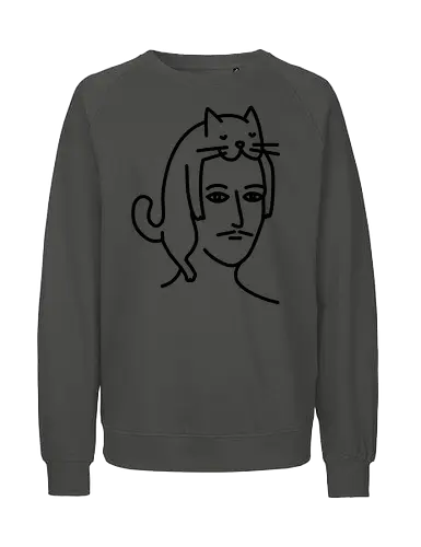  Man in Cat Hat  - Cat, White, Hat, portrait, line art, minimalist, whimsical, doodle, monochrome, cute, quirky, gift, tshirt, hoodie, fashion, poster, unisex, home decor, cathay - Fairtrade Sweatshirt