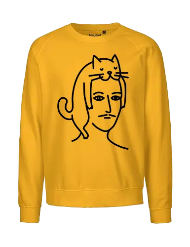  Man in Cat Hat  - Cat, White, Hat, portrait, line art, minimalist, whimsical, doodle, monochrome, cute, quirky, gift, tshirt, hoodie, fashion, poster, unisex, home decor, cathay - Fairtrade Sweatshirt