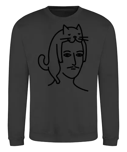  Man in Cat Hat  - Cat, White, Hat, portrait, line art, minimalist, whimsical, doodle, monochrome, cute, quirky, gift, tshirt, hoodie, fashion, poster, unisex, home decor, cathay - Sweatshirt