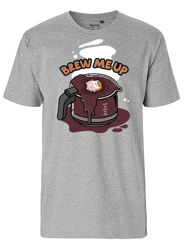 Brew Me Up - brew me up, coffee lover, caffeine addict, cute hedgehog, coffee pot, coffee spill, kawaii, morning person, need coffee, espresso, barista, coffee humor, caffeine, cute animal, sleepy, casual style, gift for coffee lovers, office humor, work from home, tired, mood, cute artwork, cartoon hedgehog, wake up, lazy morning, relatable, funny quote, cute illustration, character art, woodland animal, indie artist, cute merch, coffee t shirt idea, café vibe, cozy, warm brown, aesthetic, morning routine, coffeeholic, iced coffee fans, hot coffee, cute graphic, sillyfrenz, heho, comfort drink, relaxing soak, bath in coffee, whimsical, playful design, everyday wear - Fairtrade T-Shirt