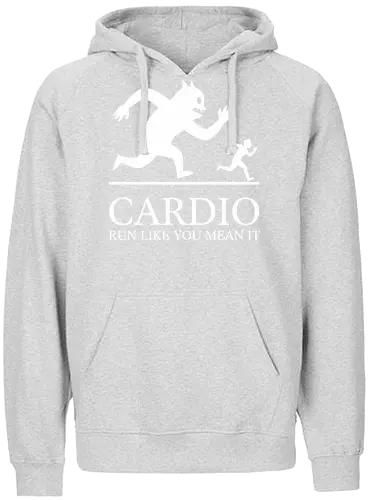 CARDIO: Run Like You Mean It - Monster Chase - Cardio, running, fitness motivation, monster chase, workout shirt, gym apparel, funny running, athlete gift, marathon training, run like you mean it, humorous workout, minimalist graphic, runner, beast mode, exercise humor - Fairtrade Hoodie