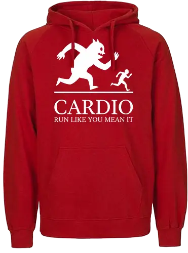 CARDIO: Run Like You Mean It - Monster Chase - Cardio, running, fitness motivation, monster chase, workout shirt, gym apparel, funny running, athlete gift, marathon training, run like you mean it, humorous workout, minimalist graphic, runner, beast mode, exercise humor - Fairtrade Hoodie