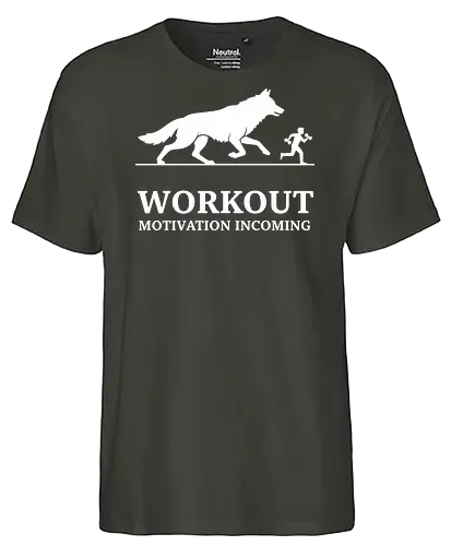 Workout Motivation Incoming: Wolf Chase - Workout, motivation, wolf, running, cardio, fitness, gym shirt, runner gift, animal graphic, predator chase, endurance, minimalist design, athlete, training apparel, intense workout, beast mode, hunting - Fairtrade T-Shirt