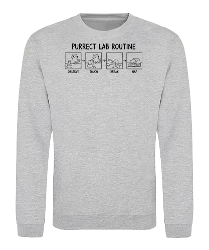Purrect Lab Routine: Observe, Touch, Break, Nap - Cat, lab routine, science humor, purrect, funny cat, chemist gift, scientist, laboratory, glassware, break, nap, line art, feline, cat owner, pet humor, science apparel, cute cat, black and white - Sweatshirt