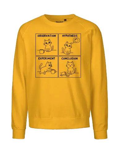 The Cat's Scientific Method: Knock It Off - Cat, scientific method, science humor, observation, hypothesis, experiment, conclusion, funny cat, scientist gift, teacher, chemistry, line art, feline, cat owner, pet humor, science apparel, cute cat, cup - Fairtrade Sweatshirt