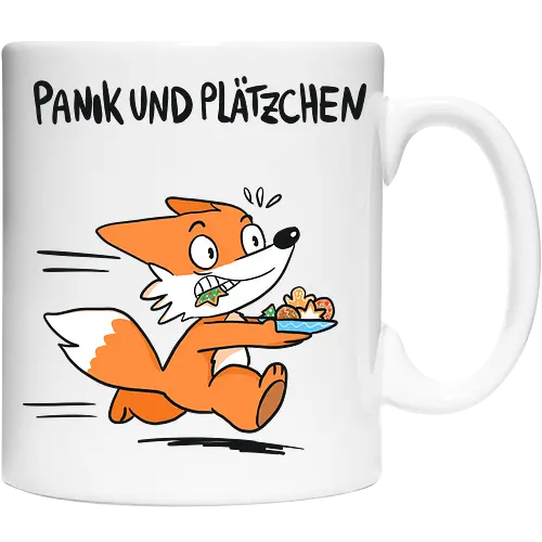 Panik und Plätzchen (schwarze Schrift) - Weihnachten, Xmas, Yule, Fuchs - Keramiktasse