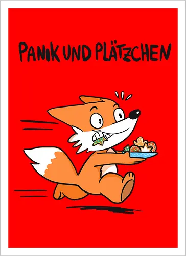 Panik und Plätzchen (schwarze Schrift) - Weihnachten, Xmas, Yule, Fuchs - Kunstdruck