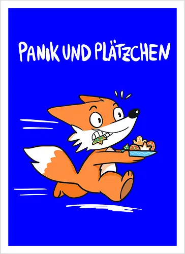 Panik und Plätzchen (weiße Schrift) - Weihnachten, Yule, Fuchs, Xmas - Kunstdruck