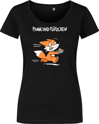Panik und Plätzchen (weiße Schrift) - Weihnachten, Yule, Fuchs, Xmas - Damen T-Shirt