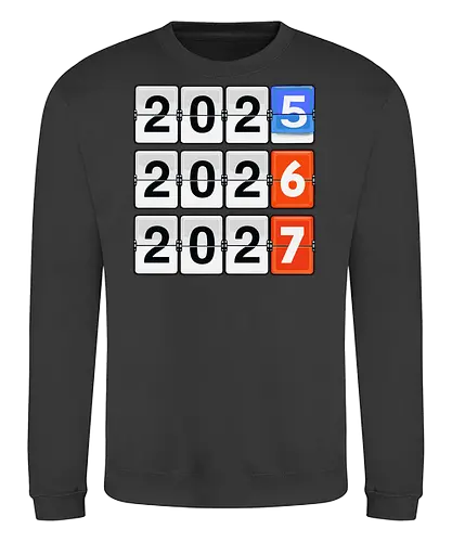Retro Flip Clock Calendar - 2025 to 2027 Countdown - flip clock, retro calendar, 2025, 2026, 2027, mechanical clock, vintage display, countdown, New Year design, minimalist, typography art, time tracking, future years, analog style, aesthetic numbers, office decor, planner art - Sweatshirt
