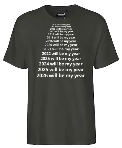 Next Year Will Be My Year - Infinite Resolution Loop - New Year resolution, funny typography, will be my year, 2025, 2026, procrastination humor, sarcastic shirt, goal setting, relatable quotes, minimalist design, New Year's Eve outfit, motivational parody, optimism, time passing, year list - Fairtrade T-Shirt