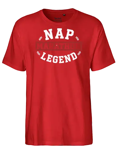 Nap Marathon Legend - nap marathon legend, funny sleep shirt, collegiate style, varsity typography, lazy gift, sarcasm apparel, nap enthusiast, professional sleeper, vintage athletic design, heavy sleeper gift, humorous quote, university style parody, rest and recovery, sleep lover tshirt, college humor - Fairtrade T-Shirt