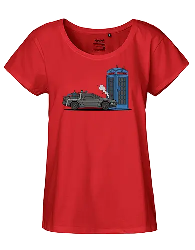 Time Machine Fender Bender - DeLorean vs. TARDIS - DeLorean, TARDIS, Doctor, Future, time machine, sci-fi mashup, crossover art, geek apparel, 80s movies, whovian gift, Marty McFly, The Doctor, police box, time travel parody, geeky t-shirt, flux capacitor, nerding out - Fairtrade Girl Shirt