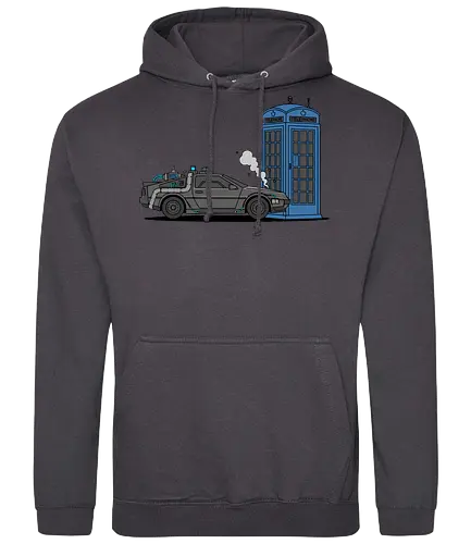 Time Machine Fender Bender - DeLorean vs. TARDIS - DeLorean, TARDIS, Doctor, Future, time machine, sci-fi mashup, crossover art, geek apparel, 80s movies, whovian gift, Marty McFly, The Doctor, police box, time travel parody, geeky t-shirt, flux capacitor, nerding out - Standard Hoodie