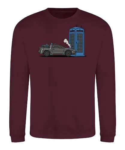 Time Machine Fender Bender - DeLorean vs. TARDIS - DeLorean, TARDIS, Doctor, Future, time machine, sci-fi mashup, crossover art, geek apparel, 80s movies, whovian gift, Marty McFly, The Doctor, police box, time travel parody, geeky t-shirt, flux capacitor, nerding out - Sweatshirt