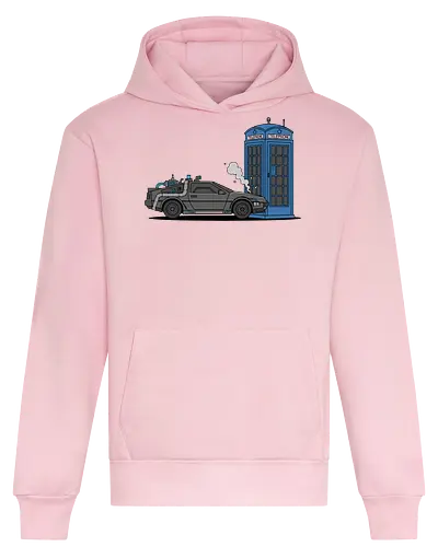 Time Machine Fender Bender - DeLorean vs. TARDIS - DeLorean, TARDIS, Doctor, Future, time machine, sci-fi mashup, crossover art, geek apparel, 80s movies, whovian gift, Marty McFly, The Doctor, police box, time travel parody, geeky t-shirt, flux capacitor, nerding out - Heavyweight Hoodie