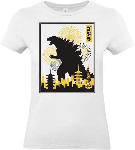 Kaiju Sunset - Kaiju Tokyo Skyline Mashup - Godzilla shirt, Kaiju apparel, Tokyo skyline art, Japanese monster, giant lizard, anime streetwear, King of Monsters, Japanese pagoda, kanji graphic, retro kaiju, monster movie merch, geek fashion, Tokyo silhouette, yellow and black graphic, tokusatsu art - Standard T-Shirt (Frauen)