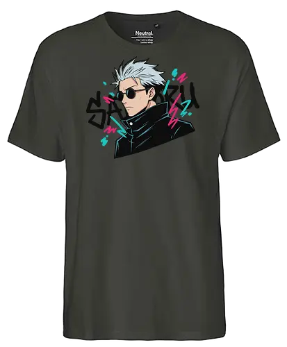 90s Retro Graffiti Anime - Satoru Gojo, Jujutsu, anime streetwear, 90s retro style, graffiti anime art, Gojo Satoru shirt, JJK merch, strongest sorcerer, urban anime apparel, vaporwave anime, manga graphic tee, Japanese pop culture, white hair anime boy, neon anime design, geek fashion - Fairtrade T-Shirt