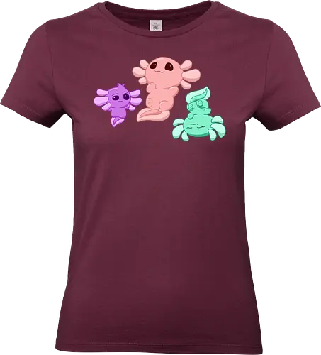 Drei Axolotl - Axolotl, Axl, cute, Cartoon, comic, Tier, Wasser, Water, rosa, lila, violet, türkis, grün - Standard T-Shirt (Frauen)