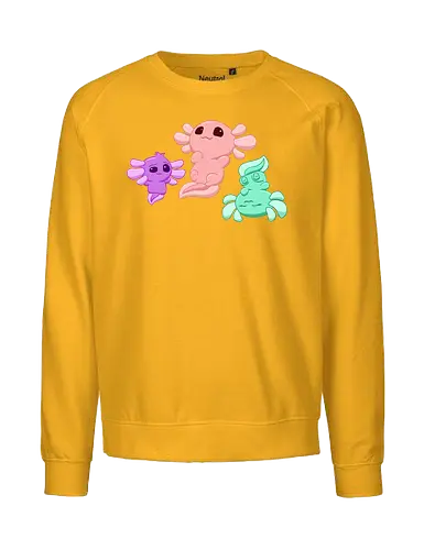 Drei Axolotl - Axolotl, Axl, cute, Cartoon, comic, Tier, Wasser, Water, rosa, lila, violet, türkis, grün - Fairtrade Sweatshirt