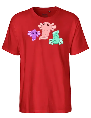 Drei Axolotl - Axolotl, Axl, cute, Cartoon, comic, Tier, Wasser, Water, rosa, lila, violet, türkis, grün - Fairtrade T-Shirt