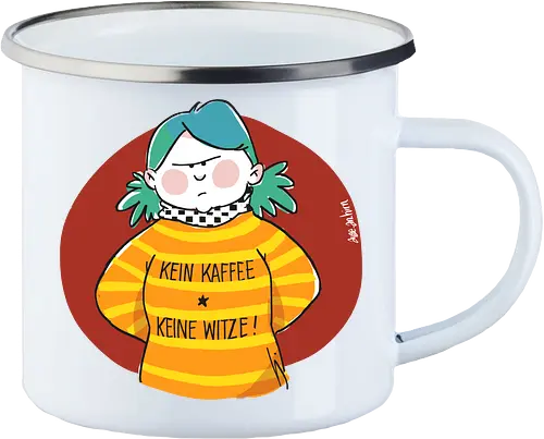 Kein Kaffee, keine Witze!  - Ringelpullisprüche, Kaffee, Ringeldinger, streifenweise, Spruch, Weisheit, Motivation, Ringelpulli, SprücheShirt, Cartoon Illustration, Statement, Handgezeichnet, Humor, Selbstironie, Streifenpulli, Spruchshirt, deutsch - Emailletasse