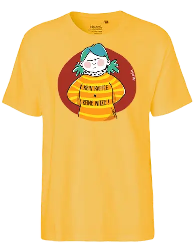 Kein Kaffee, keine Witze!  - Ringelpullisprüche, Kaffee, Ringeldinger, streifenweise, Spruch, Weisheit, Motivation, Ringelpulli, SprücheShirt, Cartoon Illustration, Statement, Handgezeichnet, Humor, Selbstironie, Streifenpulli, Spruchshirt, deutsch - Fairtrade T-Shirt