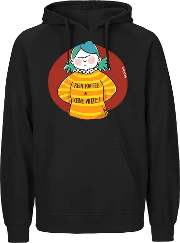 Kein Kaffee, keine Witze!  - Ringelpullisprüche, Kaffee, Ringeldinger, streifenweise, Spruch, Weisheit, Motivation, Ringelpulli, SprücheShirt, Cartoon Illustration, Statement, Handgezeichnet, Humor, Selbstironie, Streifenpulli, Spruchshirt, deutsch - Fairtrade Hoodie