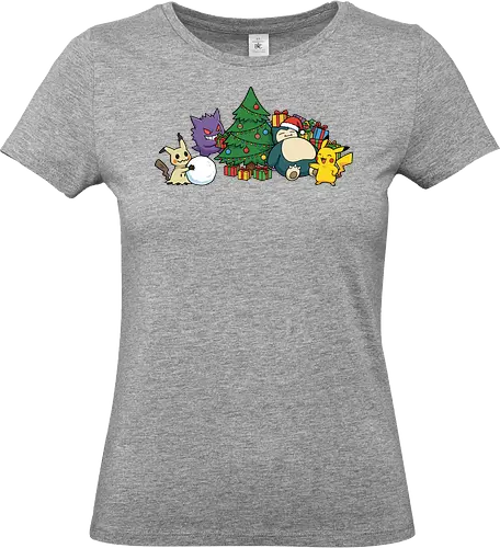 Pocket Holiday Gathering - Mouse, Ghost, and Relax Christmas Party - Mouse, Ghost, Relax, holiday anime shirt, Christmas tree, Santa hat, gamer holiday gift, winter anime graphic, holiday presents, Christmas, festive art, Santa, holiday party, Snorlax sleeping - Standard T-Shirt (Frauen)