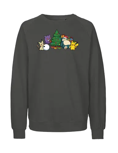 Pocket Holiday Gathering - Mouse, Ghost, and Relax Christmas Party - Mouse, Ghost, Relax, holiday anime shirt, Christmas tree, Santa hat, gamer holiday gift, winter anime graphic, holiday presents, Christmas, festive art, Santa, holiday party, Snorlax sleeping - Fairtrade Sweatshirt