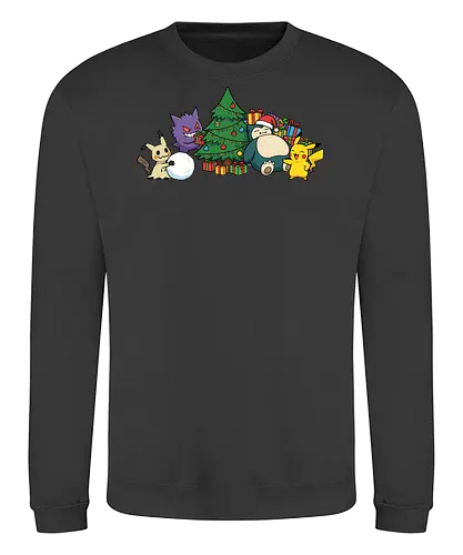 Pocket Holiday Gathering - Mouse, Ghost, and Relax Christmas Party - Mouse, Ghost, Relax, holiday anime shirt, Christmas tree, Santa hat, gamer holiday gift, winter anime graphic, holiday presents, Christmas, festive art, Santa, holiday party, Snorlax sleeping - Sweatshirt