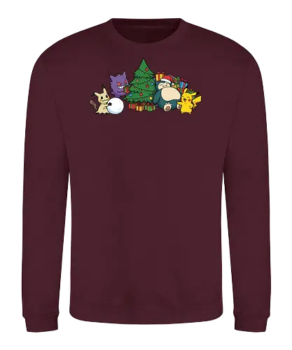 Pocket Holiday Gathering - Mouse, Ghost, and Relax Christmas Party - Mouse, Ghost, Relax, holiday anime shirt, Christmas tree, Santa hat, gamer holiday gift, winter anime graphic, holiday presents, Christmas, festive art, Santa, holiday party, Snorlax sleeping - Sweatshirt