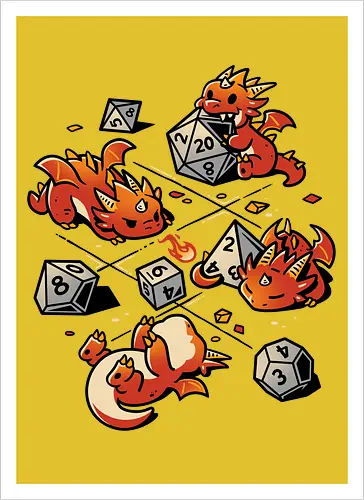 Tiny Dragons Party - dragons, cute, d20 dice, dm, Pen and Paper, dungeon master, fantasy, funny, gamer, geek, kawaii, nerdy, roll, rpg gamer, tabletop gaming - Kunstdruck