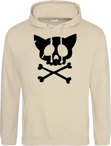 Grafik mit rosa Katzenschädel und gekreuzten Knochen