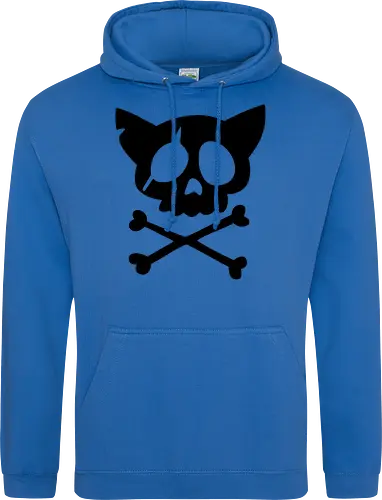 Grafik mit rosa Katzenschädel und gekreuzten Knochen