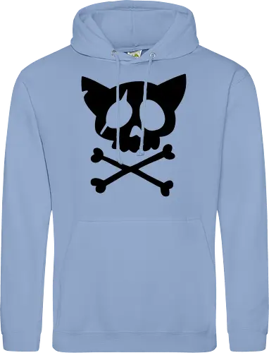 Grafik mit rosa Katzenschädel und gekreuzten Knochen