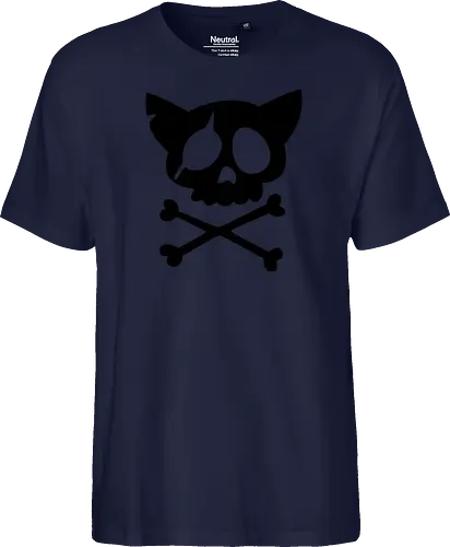 Grafik mit rosa Katzenschädel und gekreuzten Knochen