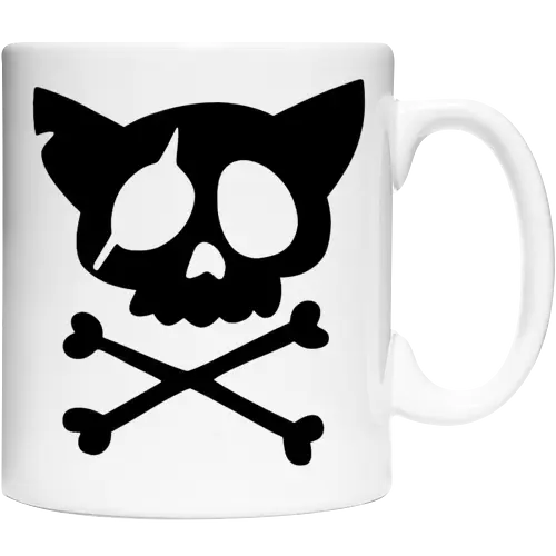 Grafik mit rosa Katzenschädel und gekreuzten Knochen