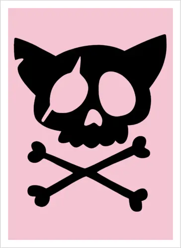 Grafik mit rosa Katzenschädel und gekreuzten Knochen