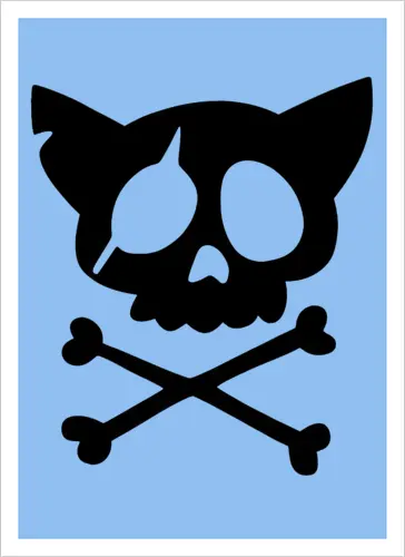 Grafik mit rosa Katzenschädel und gekreuzten Knochen