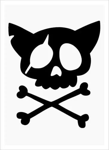 Grafik mit rosa Katzenschädel und gekreuzten Knochen