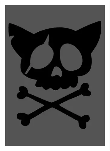 Grafik mit rosa Katzenschädel und gekreuzten Knochen